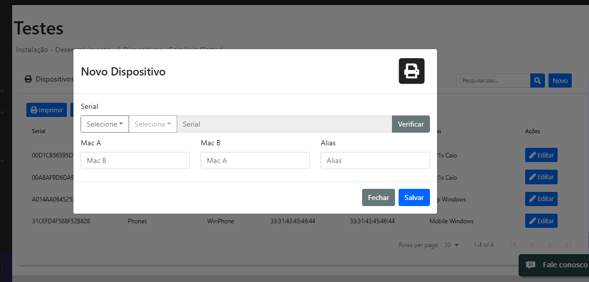 Cadastro de dispositivos
